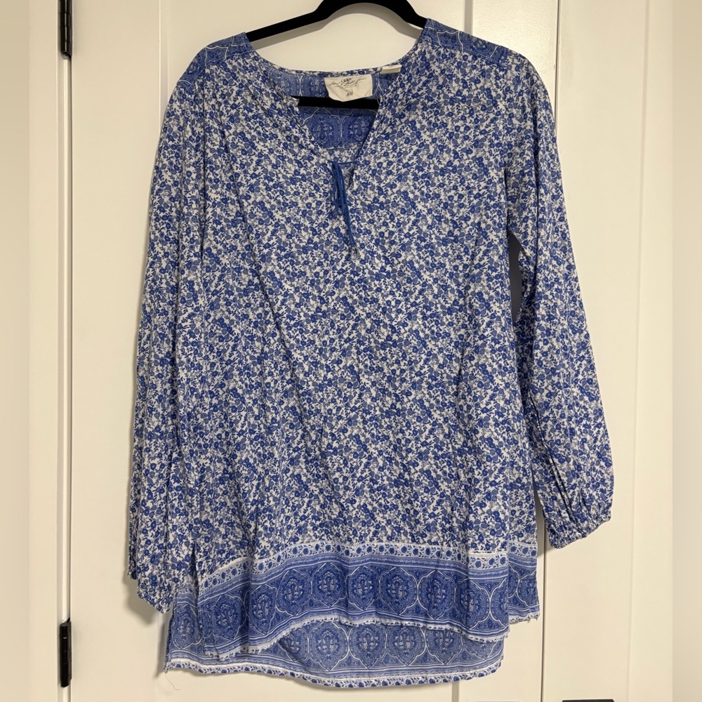 L.O.G.G.‎ H&M Blue Floral Tunic Long Sleeve Shirt Top Women's Size Large XL 12